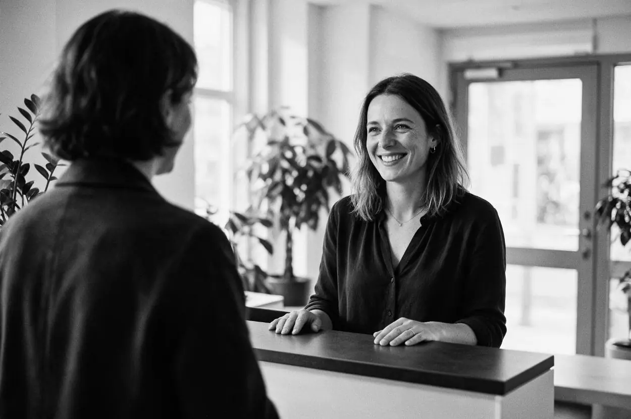 Une propriétaire accueille une cliente au comptoir de son bureau
