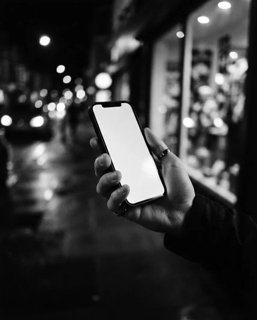 Main qui tient un téléphone devant une vitrine, le soir